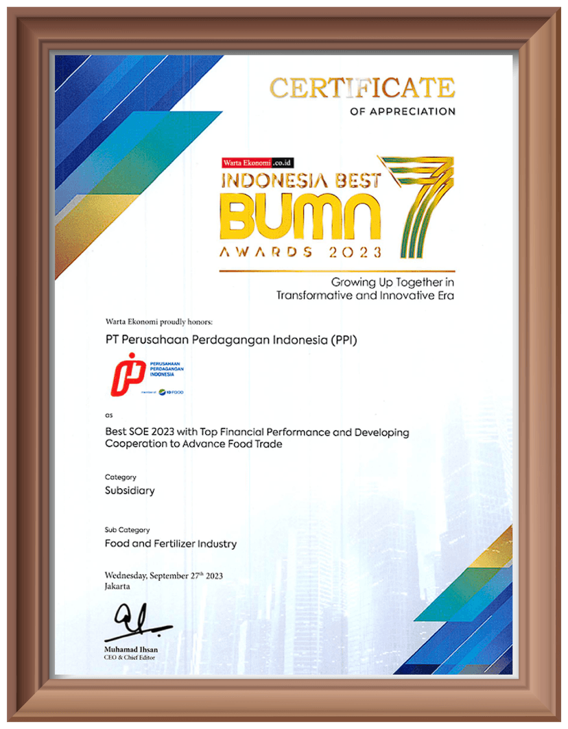 Indonesia Best BUMN Awards 2023 - Best SOE with Top Financial Performance and Developing Cooperation to Advance Food Trade