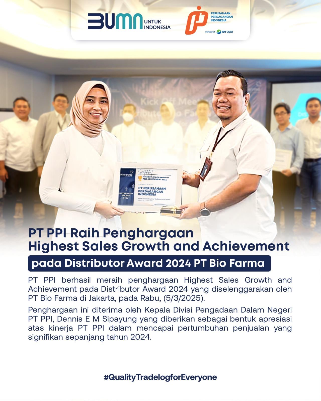 PT PPI Raih Penghargaan Highest Sales Growth and Achievement pada Distributor Award 2024 PT Bio Farma